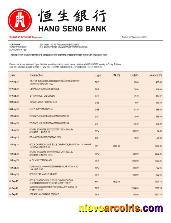 Hang Seng Bank corporate checking account statement